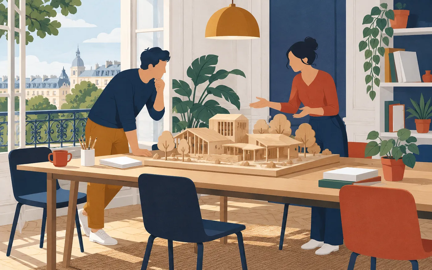 Two colleagues discussing a useful but bulky wooden project model at a French association table.