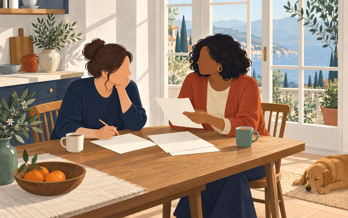 Two friends looking over a draft together at a kitchen table.