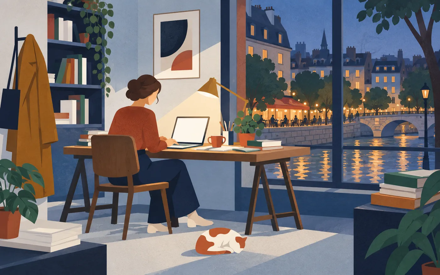 A woman working late at a quiet office desk while her empty coat hangs nearby, distant café lights outside.