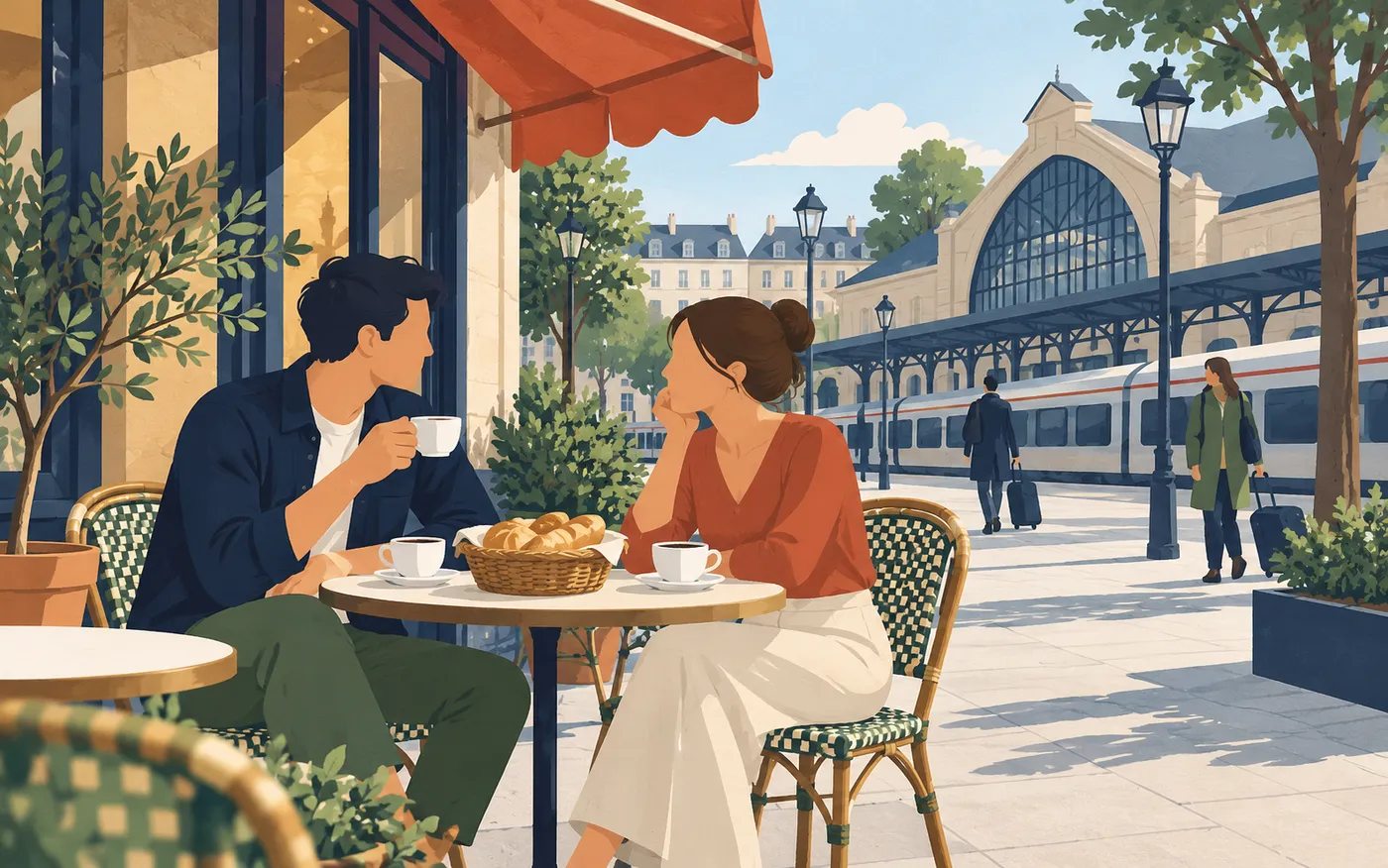 Two friends sharing bread and coffee at a café near a station.