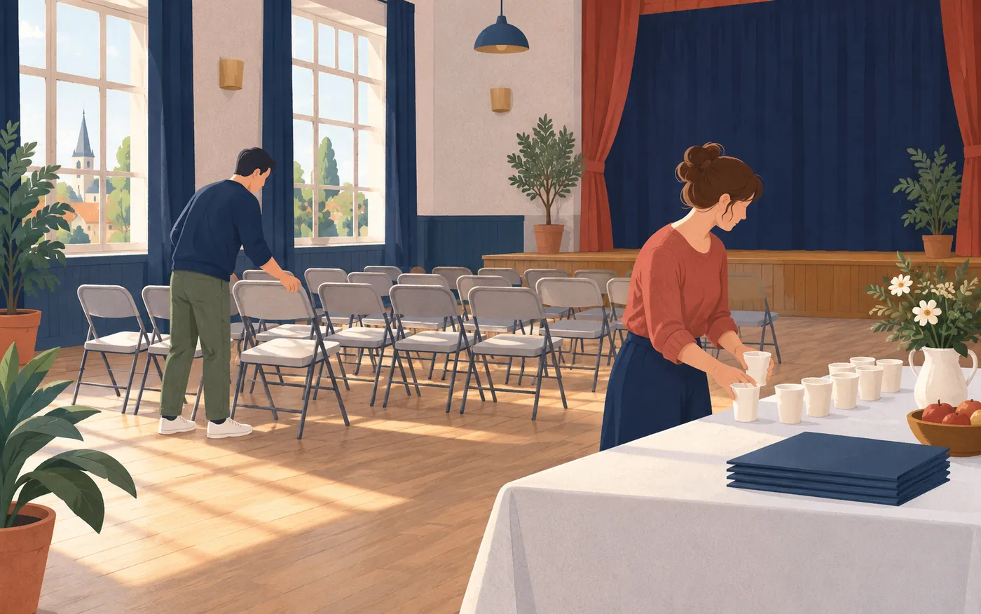 Two volunteers set out chairs and cups for a community event.