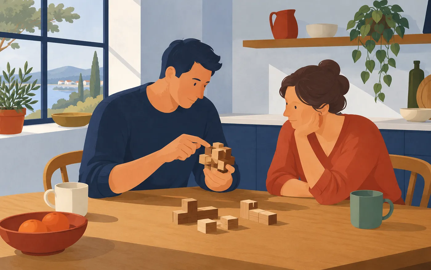 A friend explaining a wooden puzzle at a table.