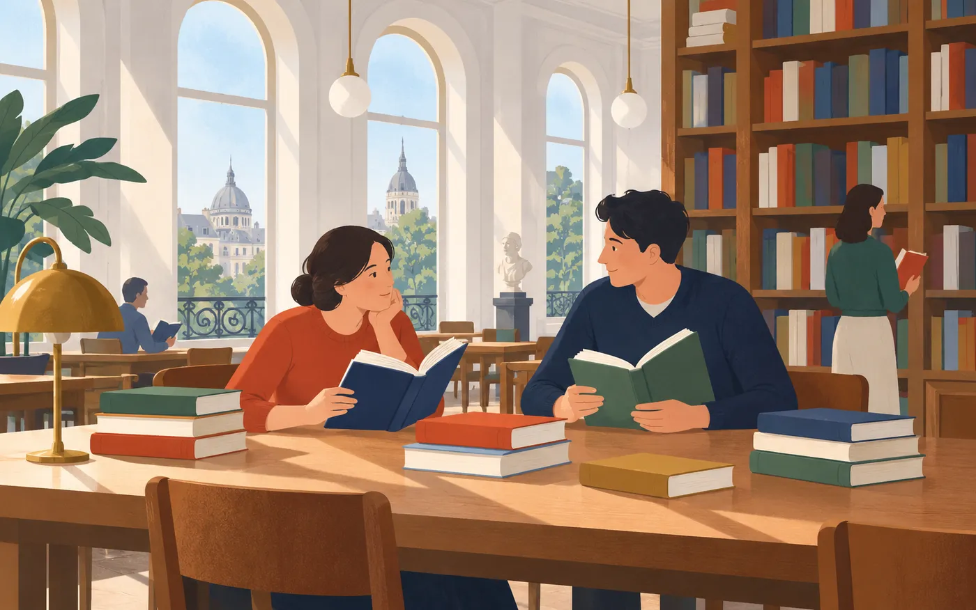 Two readers considering language study at a library table.