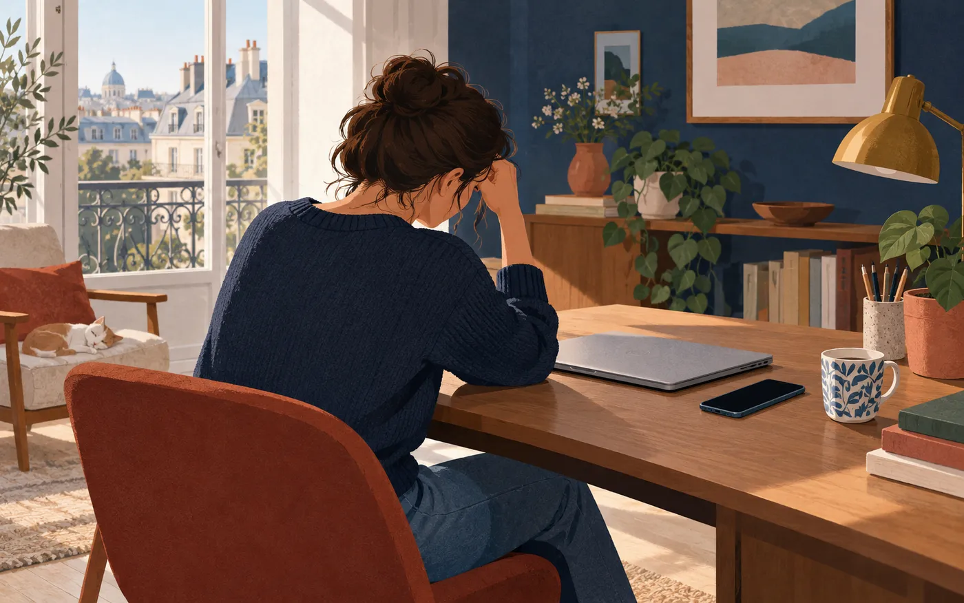 A person rests their forehead on one hand beside a closed laptop and phone.