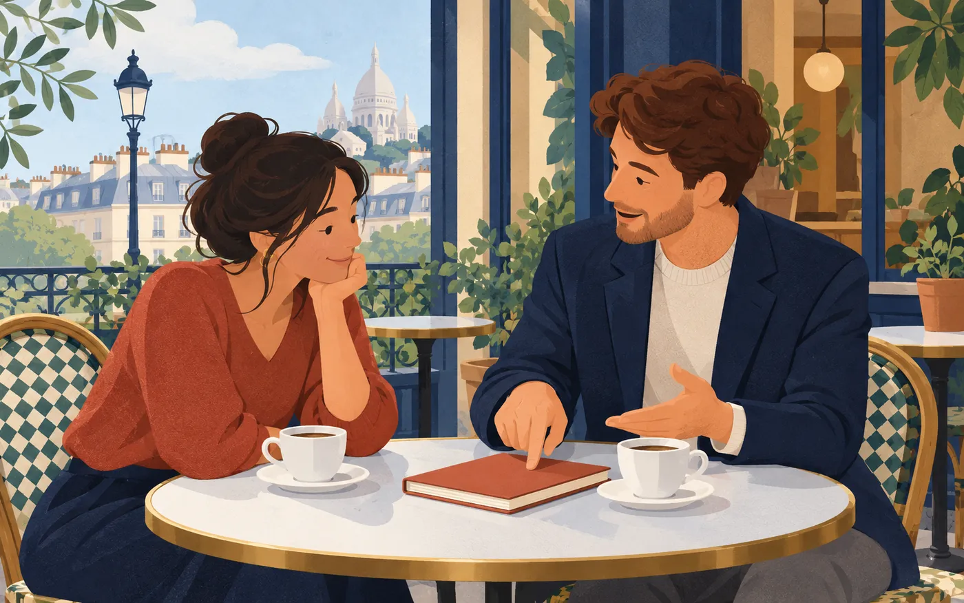 Two friends discuss a recommendation over coffee.
