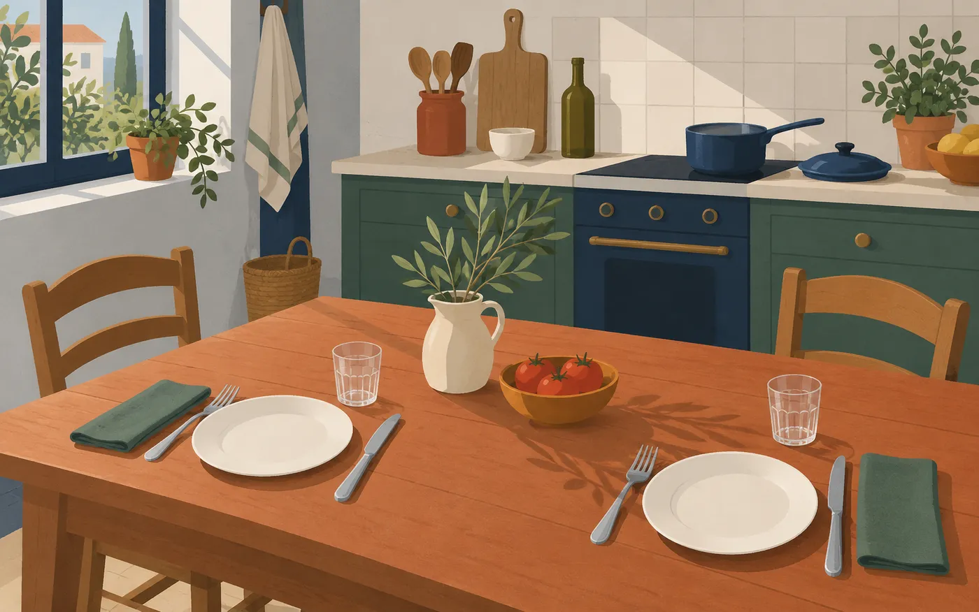 Two place settings beside a saucepan and its separate lid.