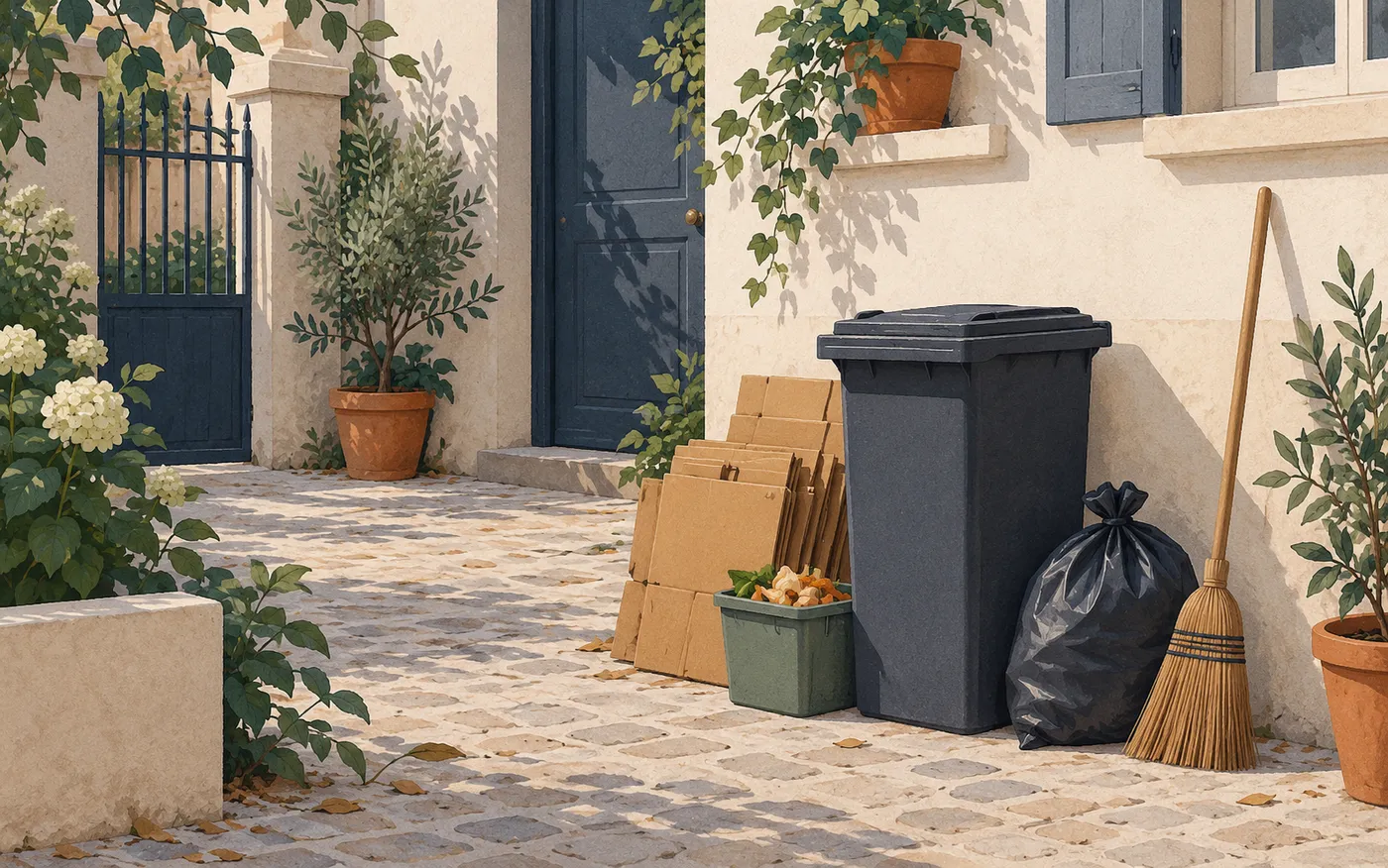 A household bin, refuse bag, vegetable peelings, cardboard and broom in a courtyard.