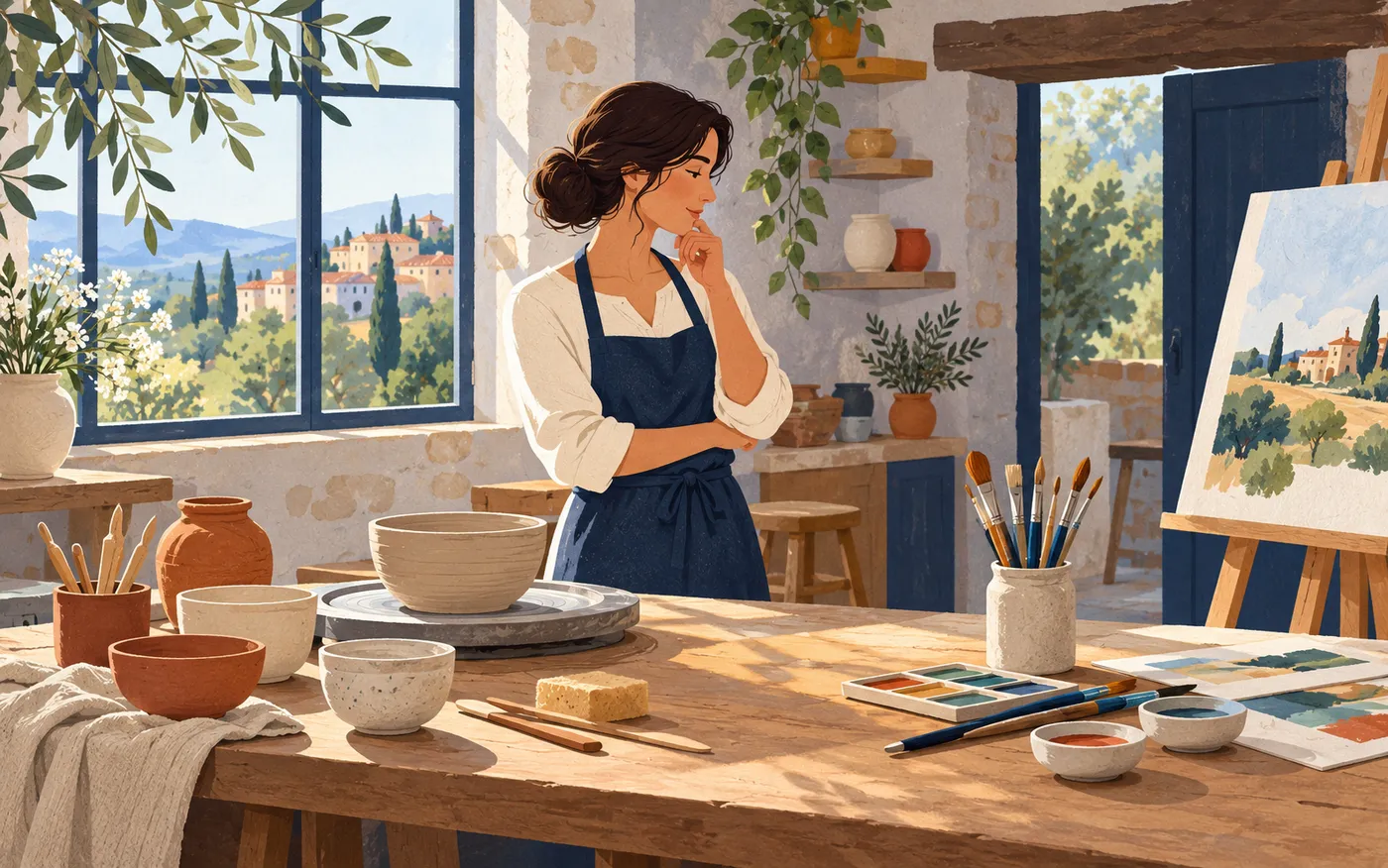 A woman considers pottery and painting materials in an art workshop.