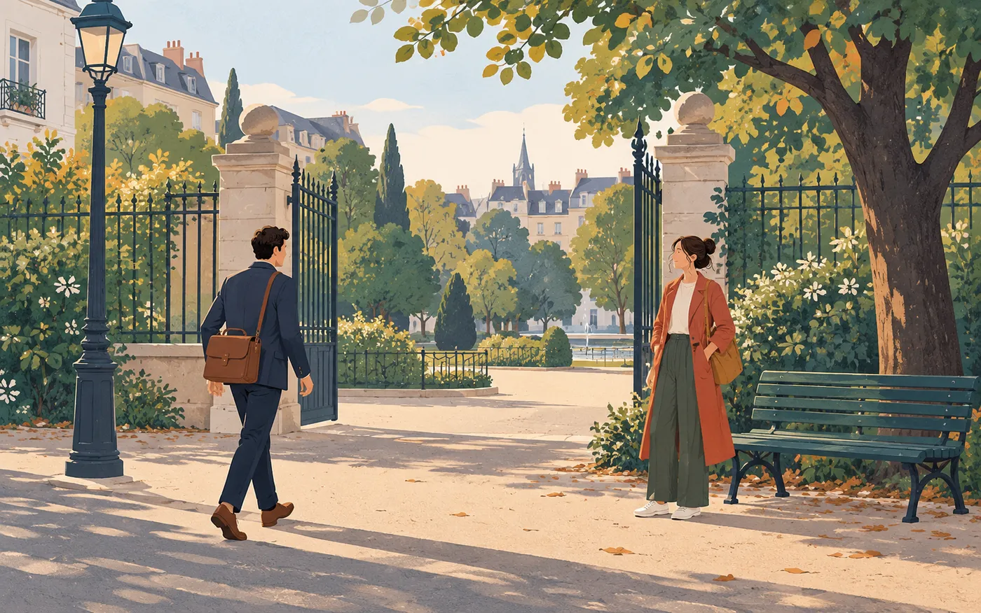 Two friends meet at a park entrance after work.
