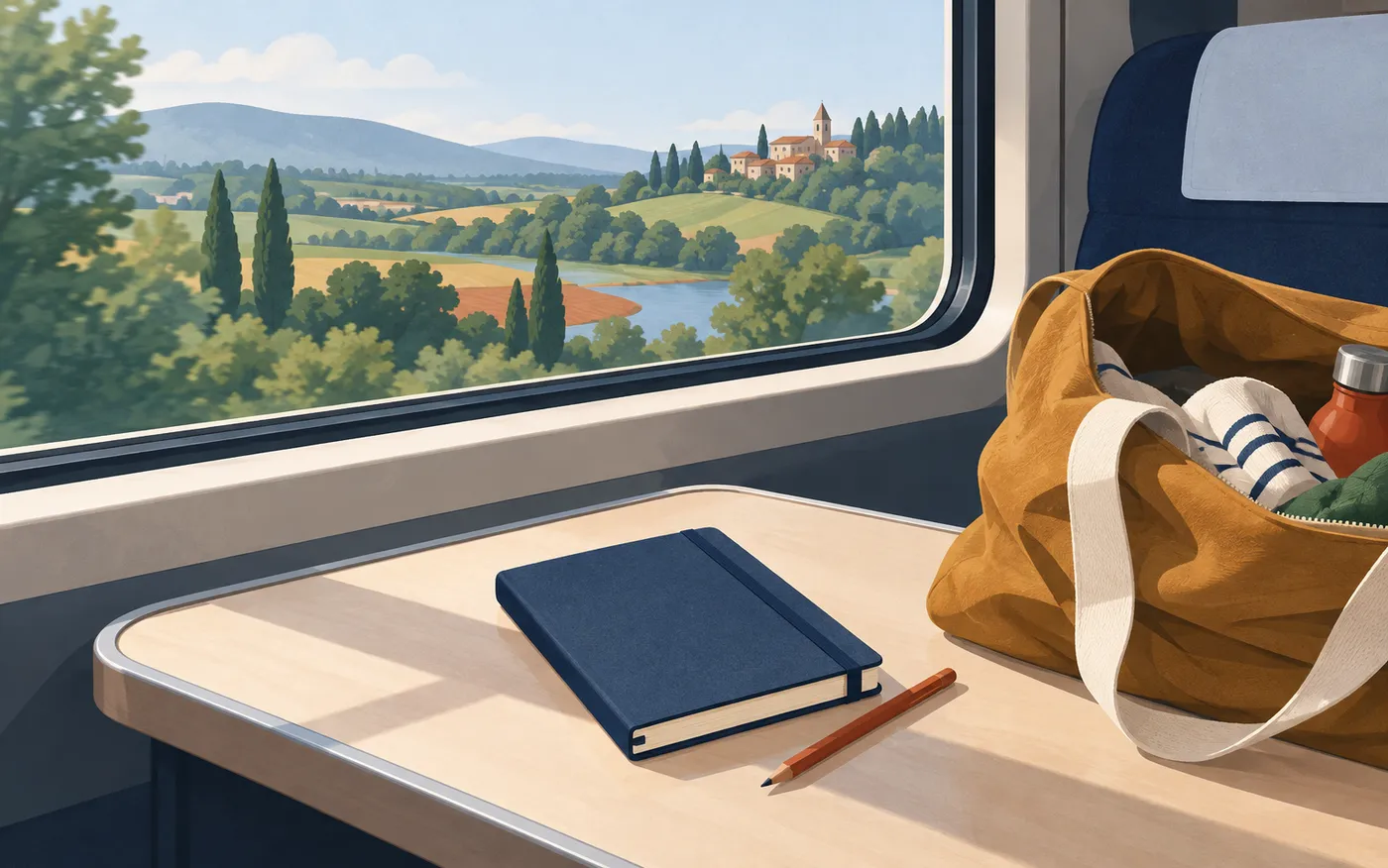 A small blue notebook and pencil beside a canvas bag on a train table.