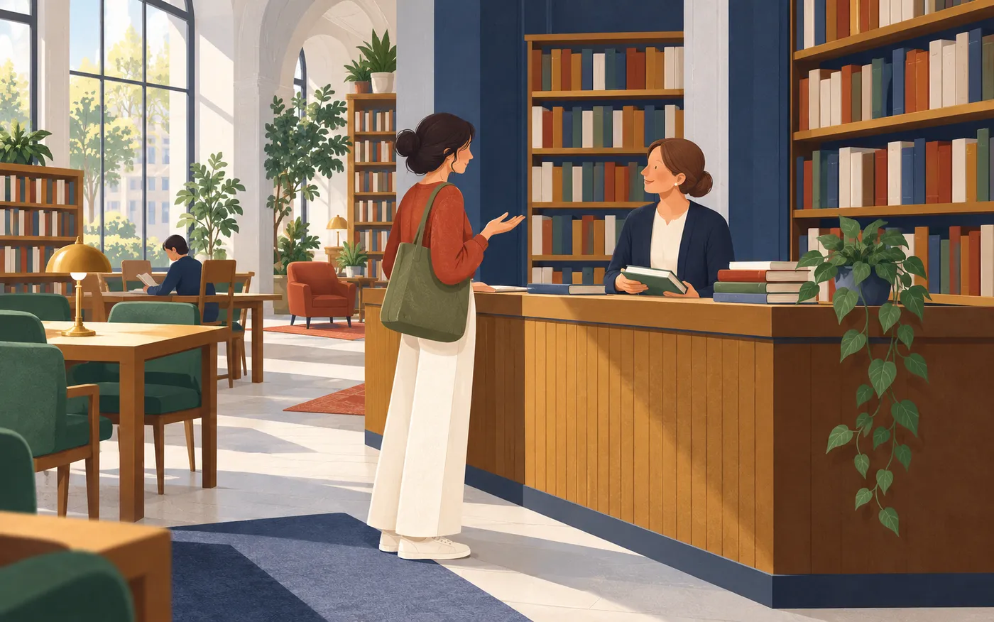 A visitor asks a librarian for help at a counter.