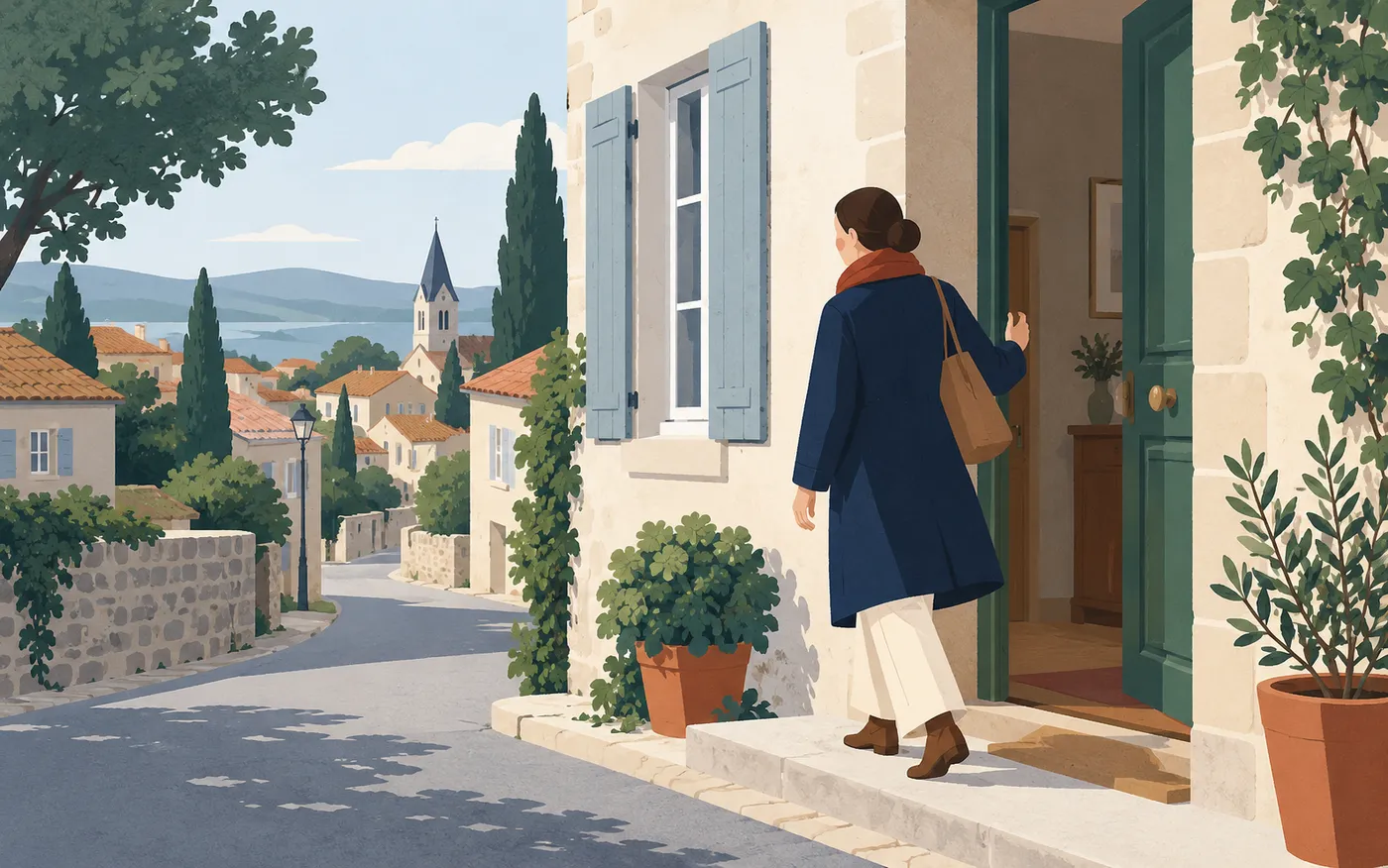 A person putting on a coat and leaving home.