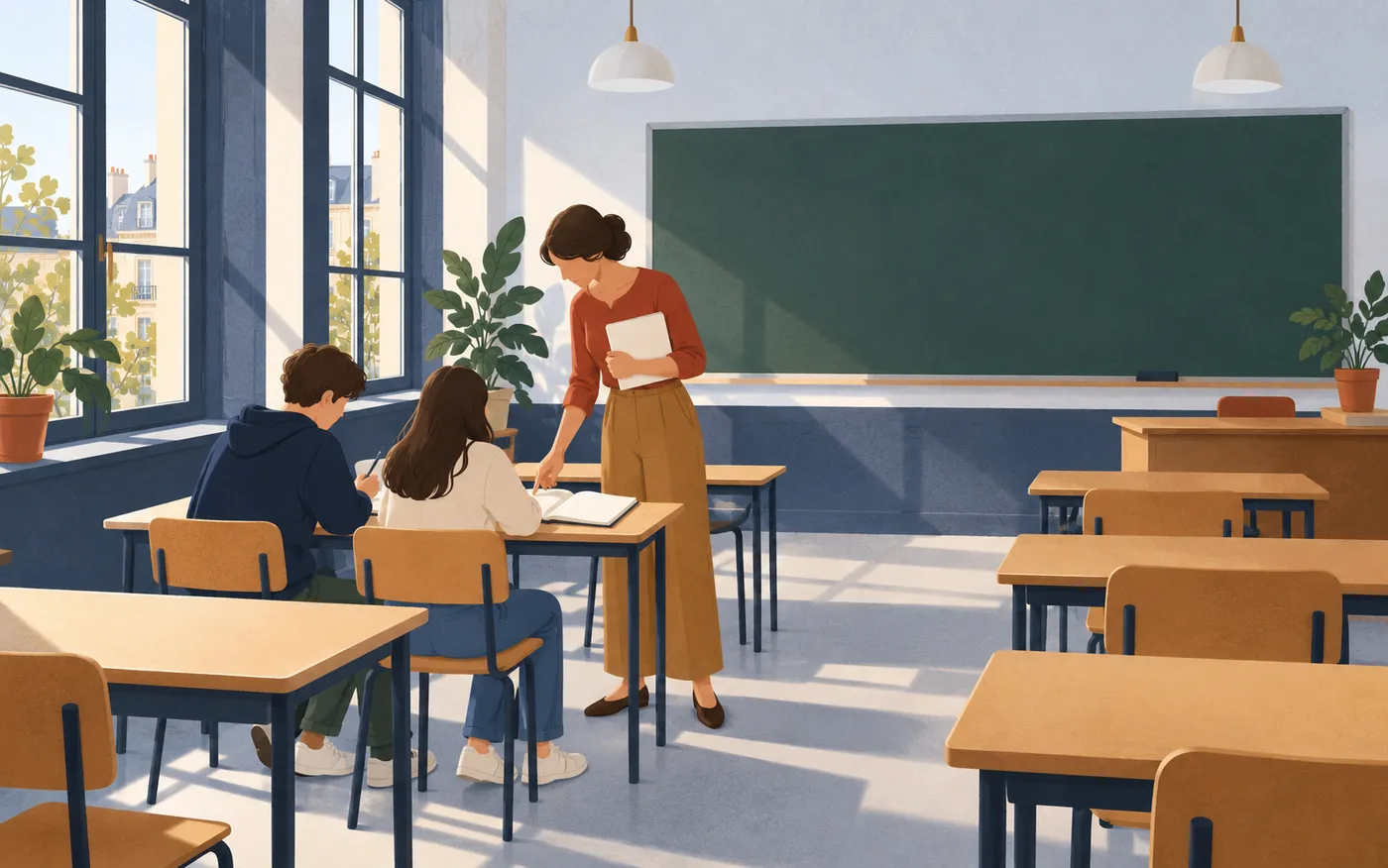 Two students work together while a teacher gives instructions.