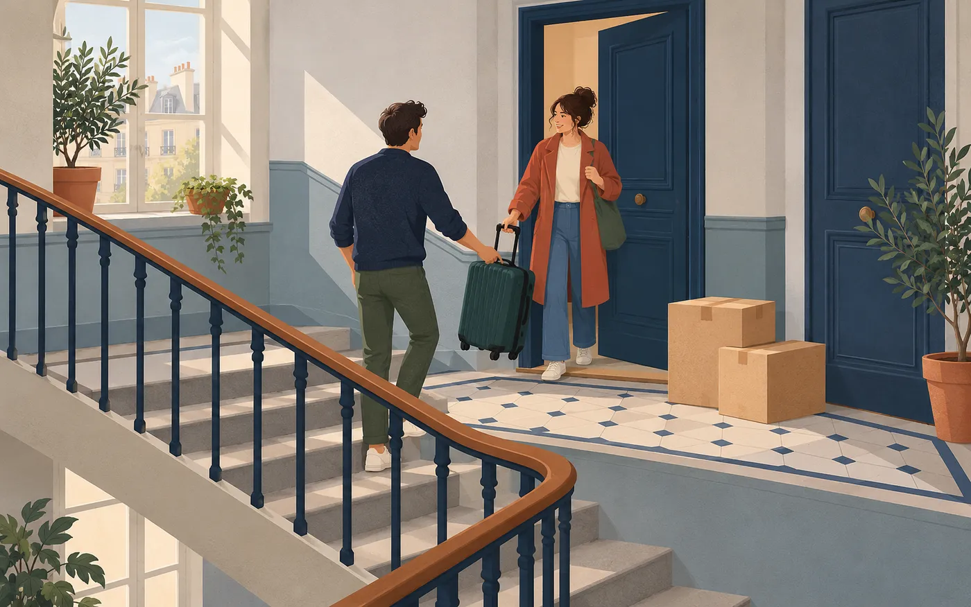 Dos vecinos se encuentran en una escalera, junto a una maleta y cajas de mudanza.