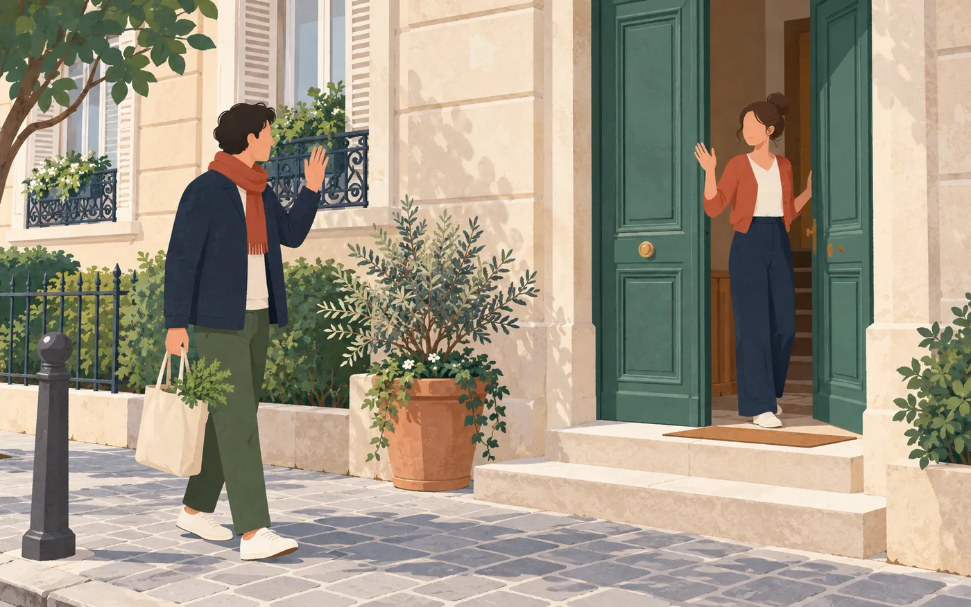 Two neighbours greeting each other outside an apartment building.