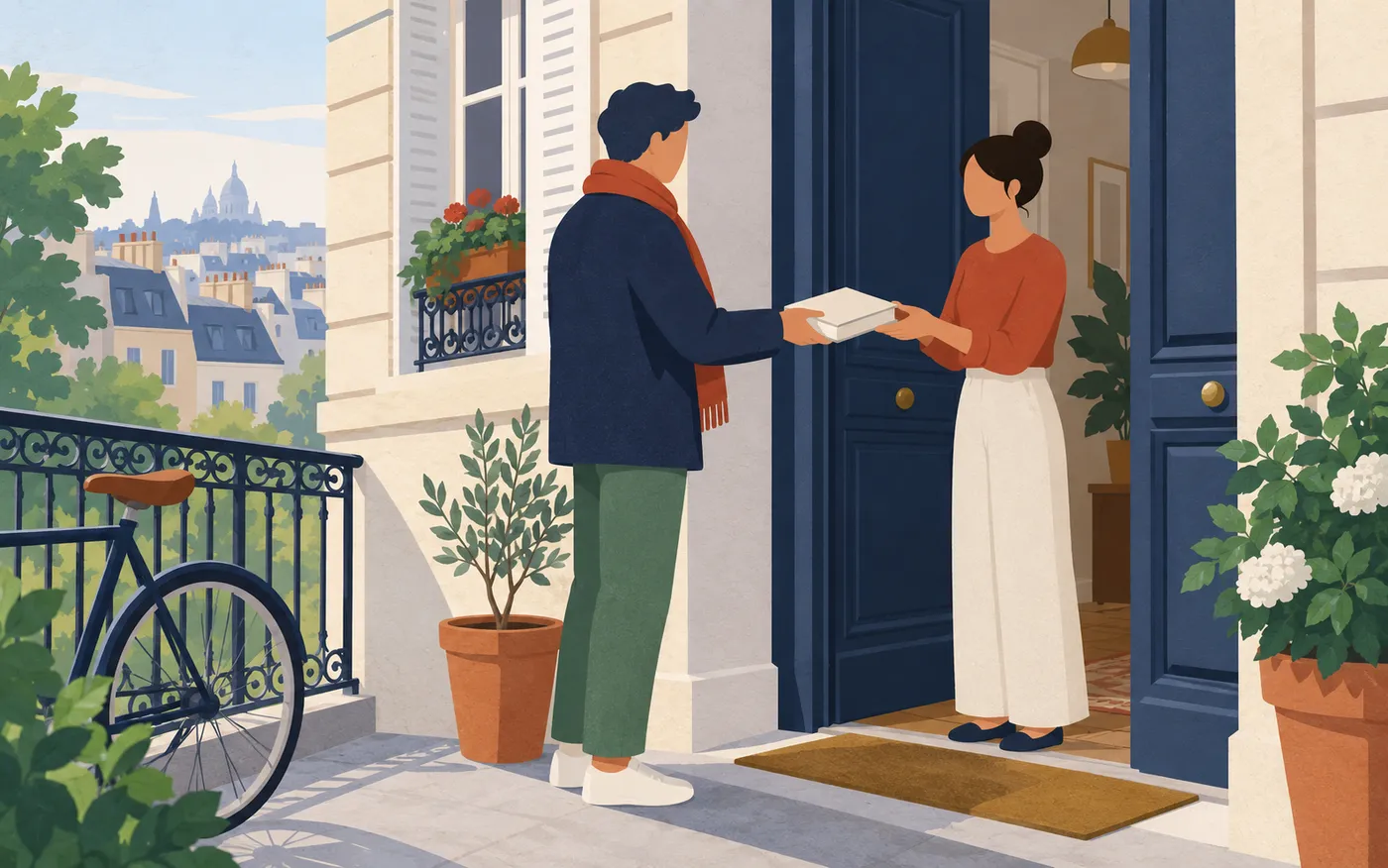A neighbour giving a plain book to another neighbour at a French apartment doorway.