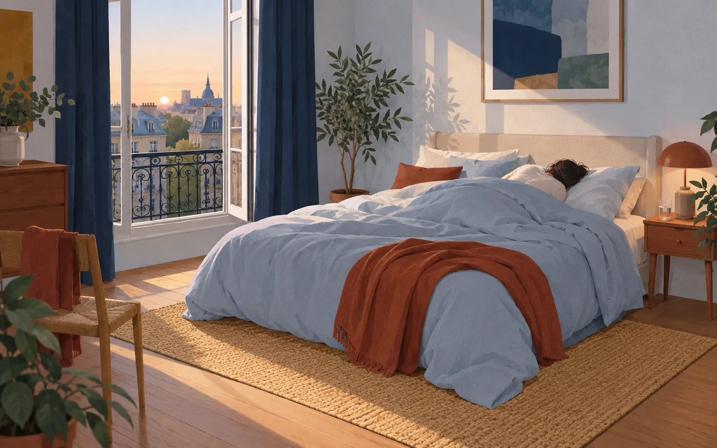 An adult sleeps under a pale duvet in a quiet bedroom.