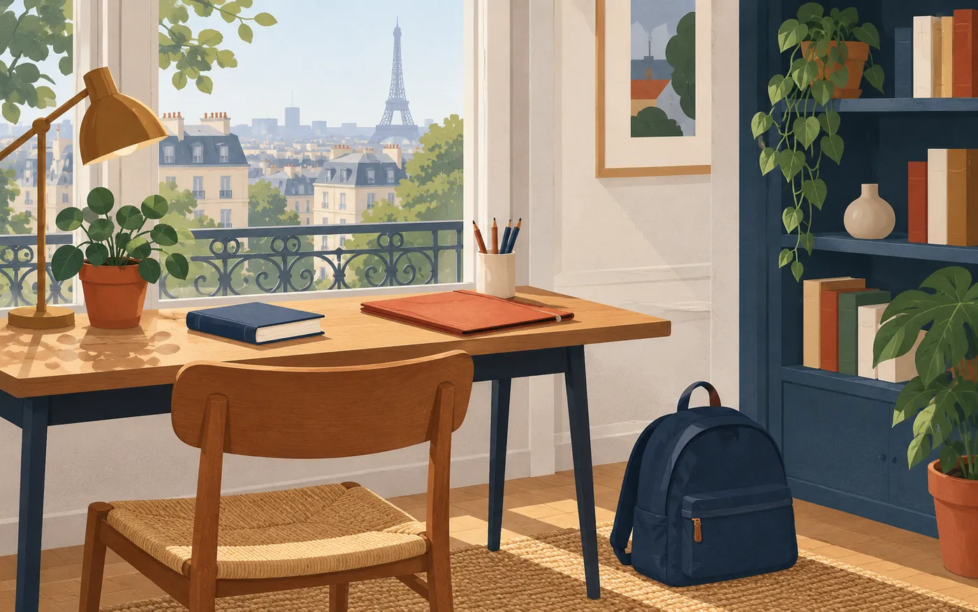 A wooden chair, folder, book and backpack in a study corner.