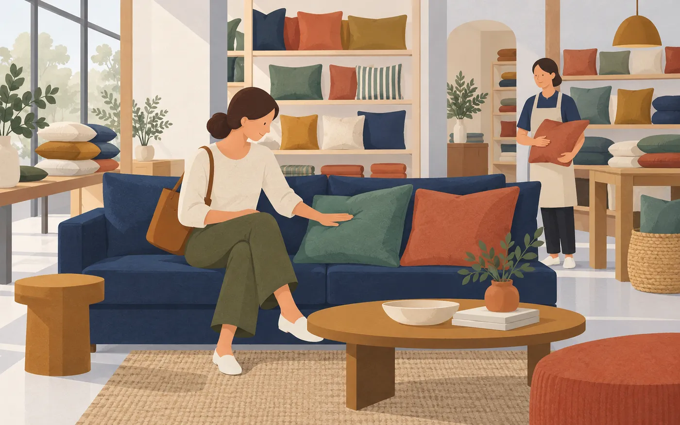 A shopper testing a soft cushion on a sofa.