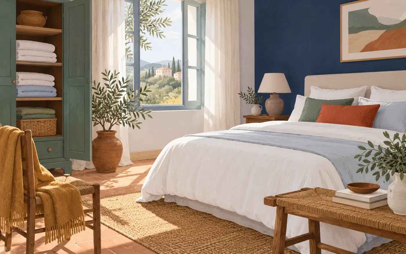 A guest bed with a pale blue sheet, a white duvet and a wool blanket on a chair.