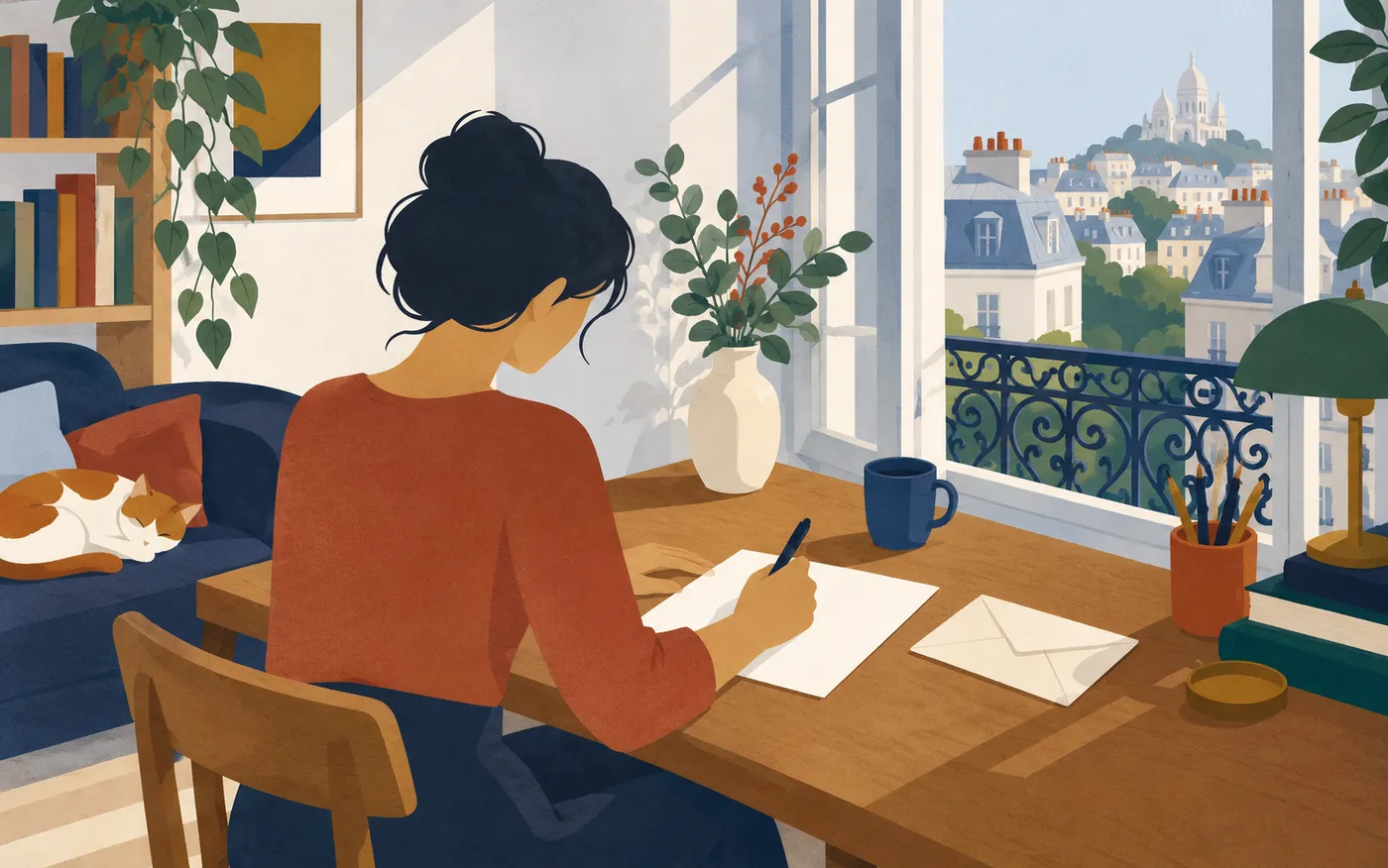 A person writing with a pen on a completely blank sheet beside an envelope at a French apartment desk.