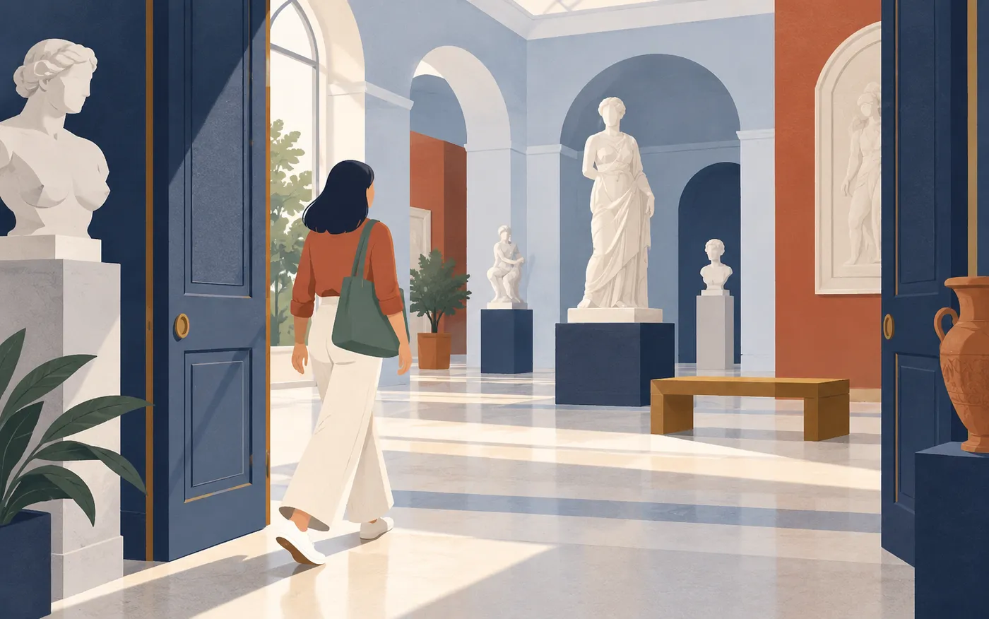 A woman stepping through an open museum doorway into a calm sculpture gallery.