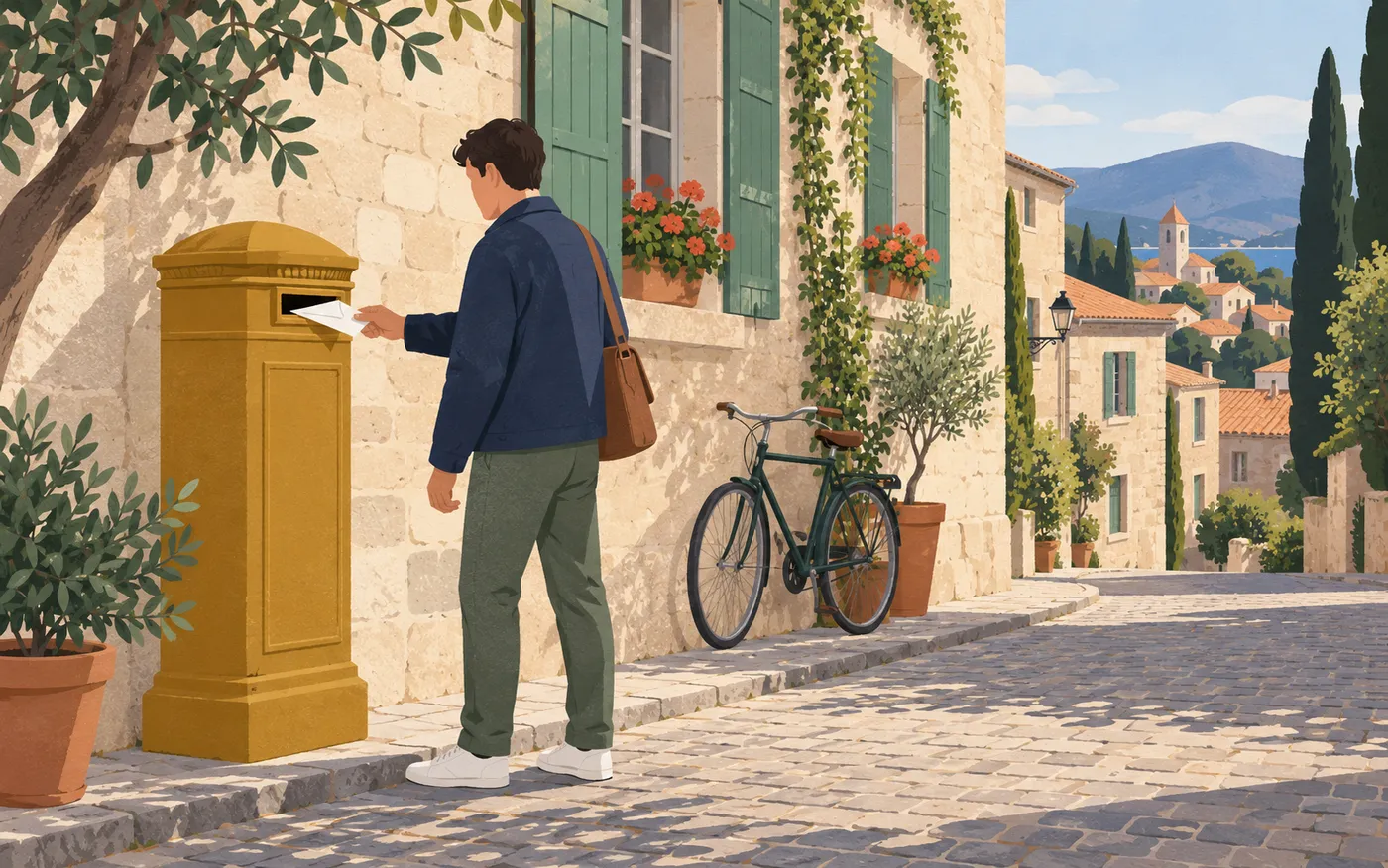 A person posting a plain envelope in a street postbox.