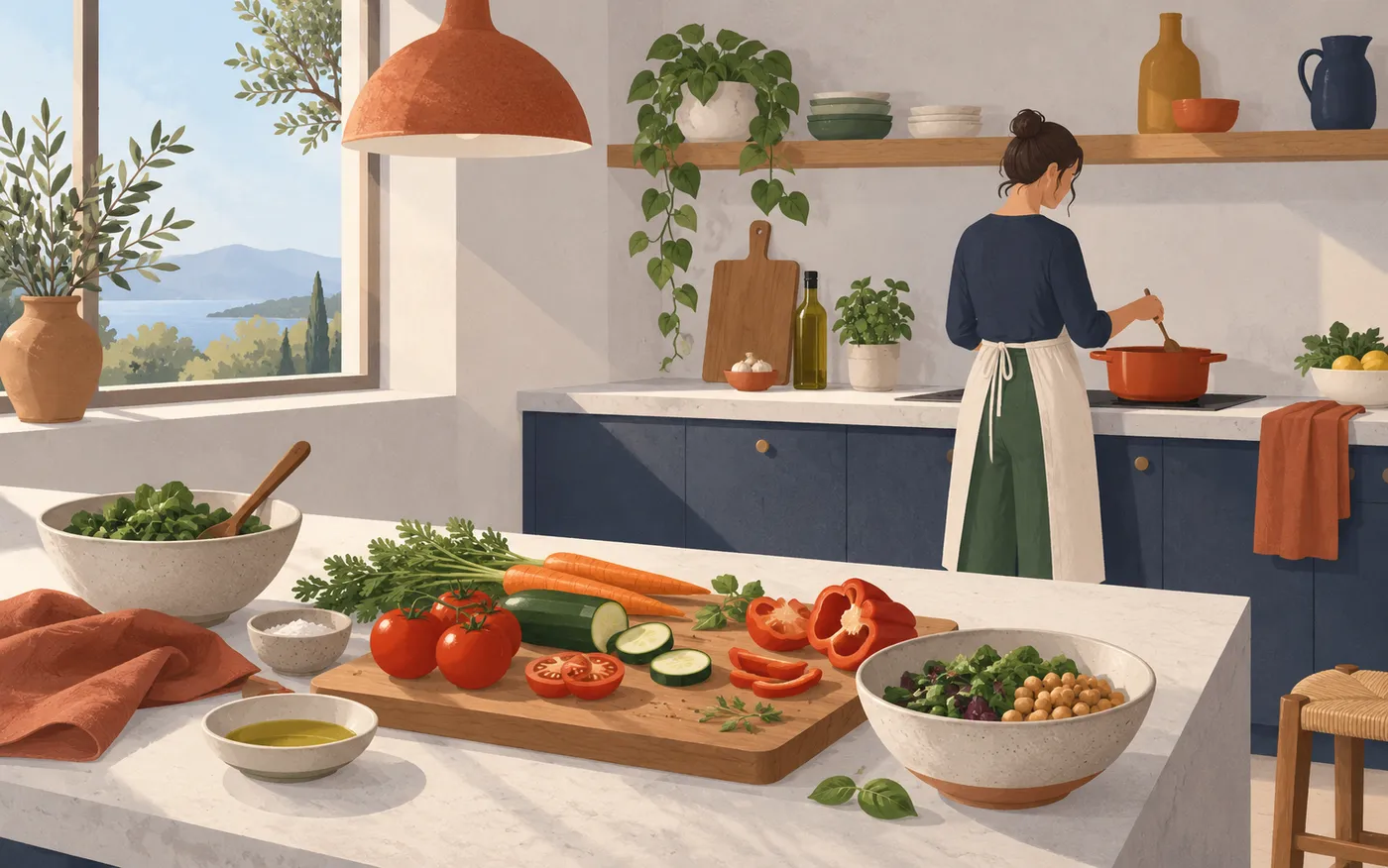 A cook prepares vegetables for a meal in a quiet kitchen.
