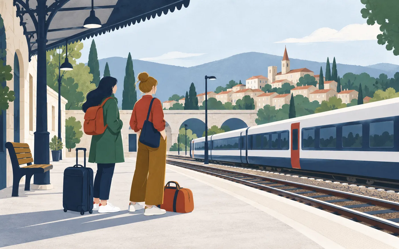 Two friends waiting together on a French railway platform beside their bags.