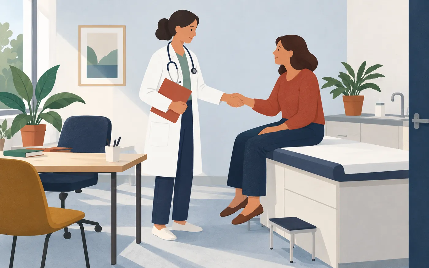 A doctor greeting a patient in a clinic.