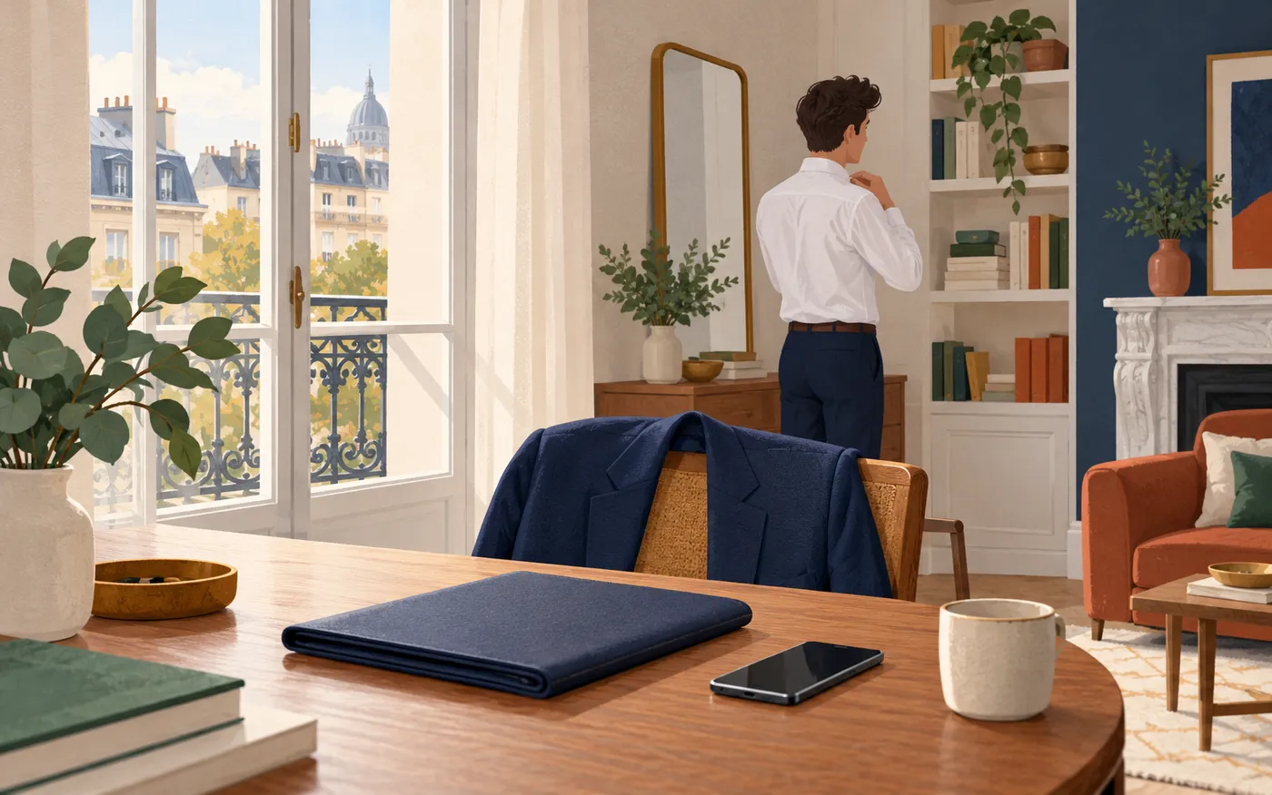 A person prepares for an interview beside a jacket, portfolio and phone.