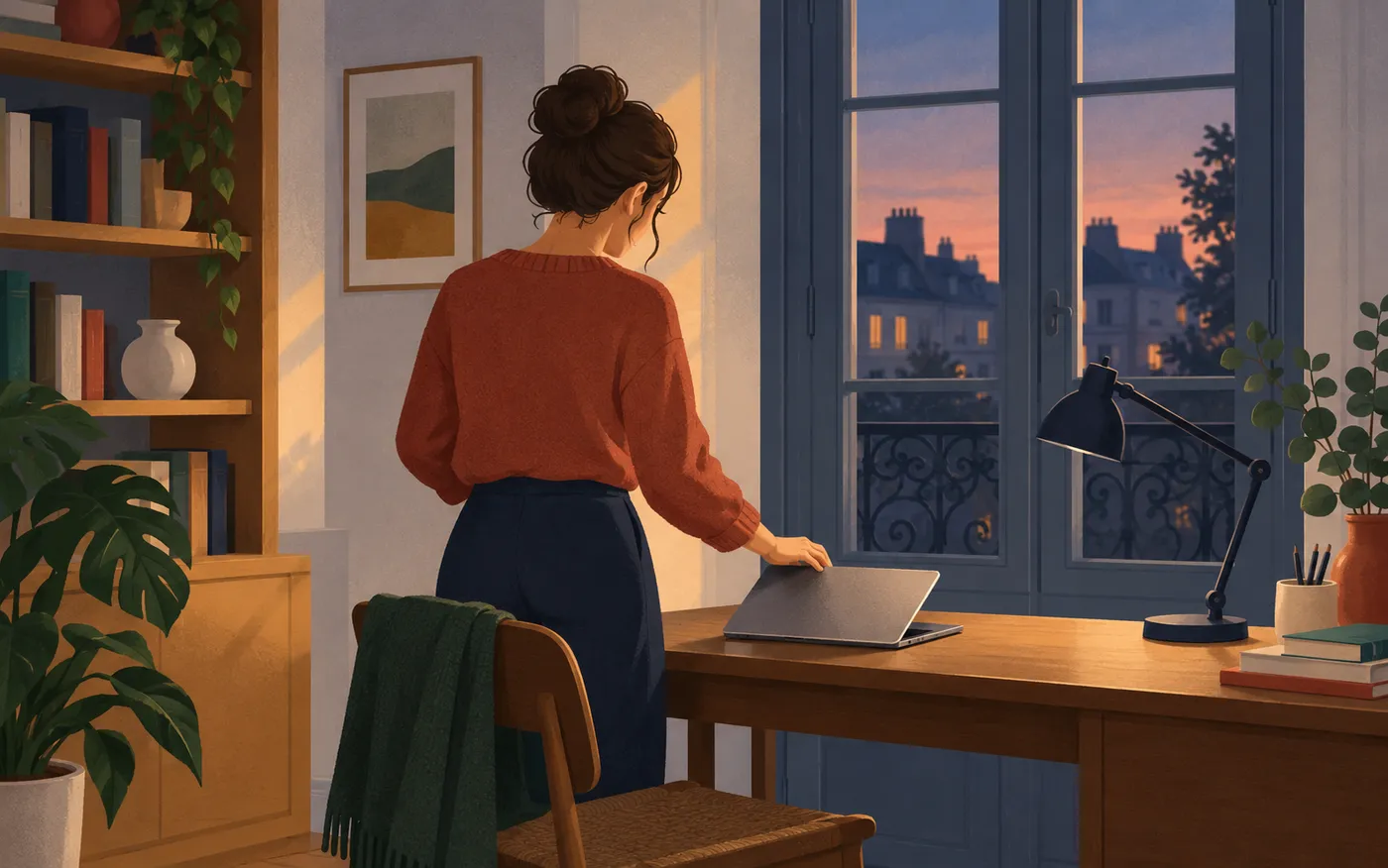 A woman closes a laptop beside an unlit desk lamp.