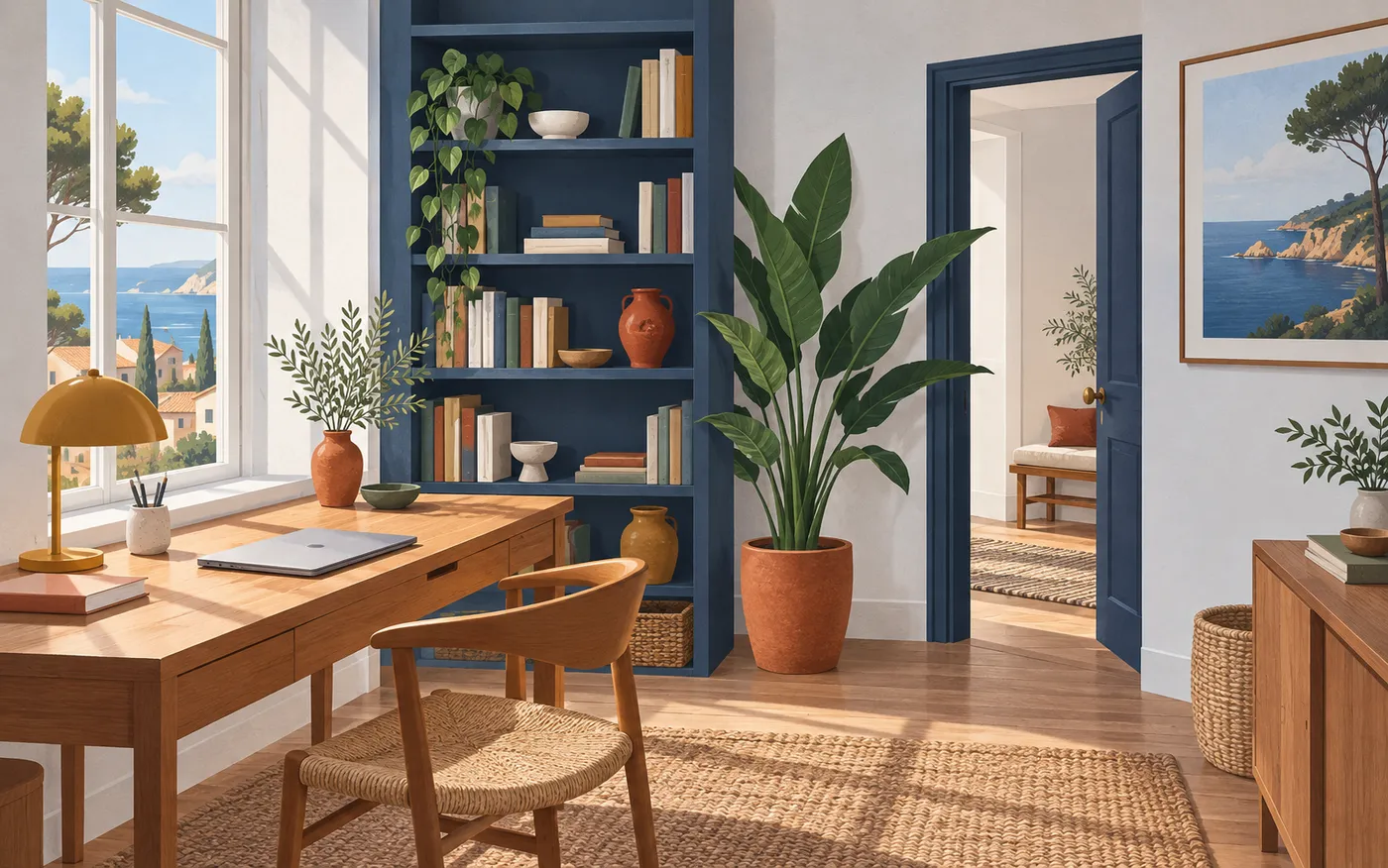 A desk beside a window with a lamp, chair, bookshelf and houseplant.