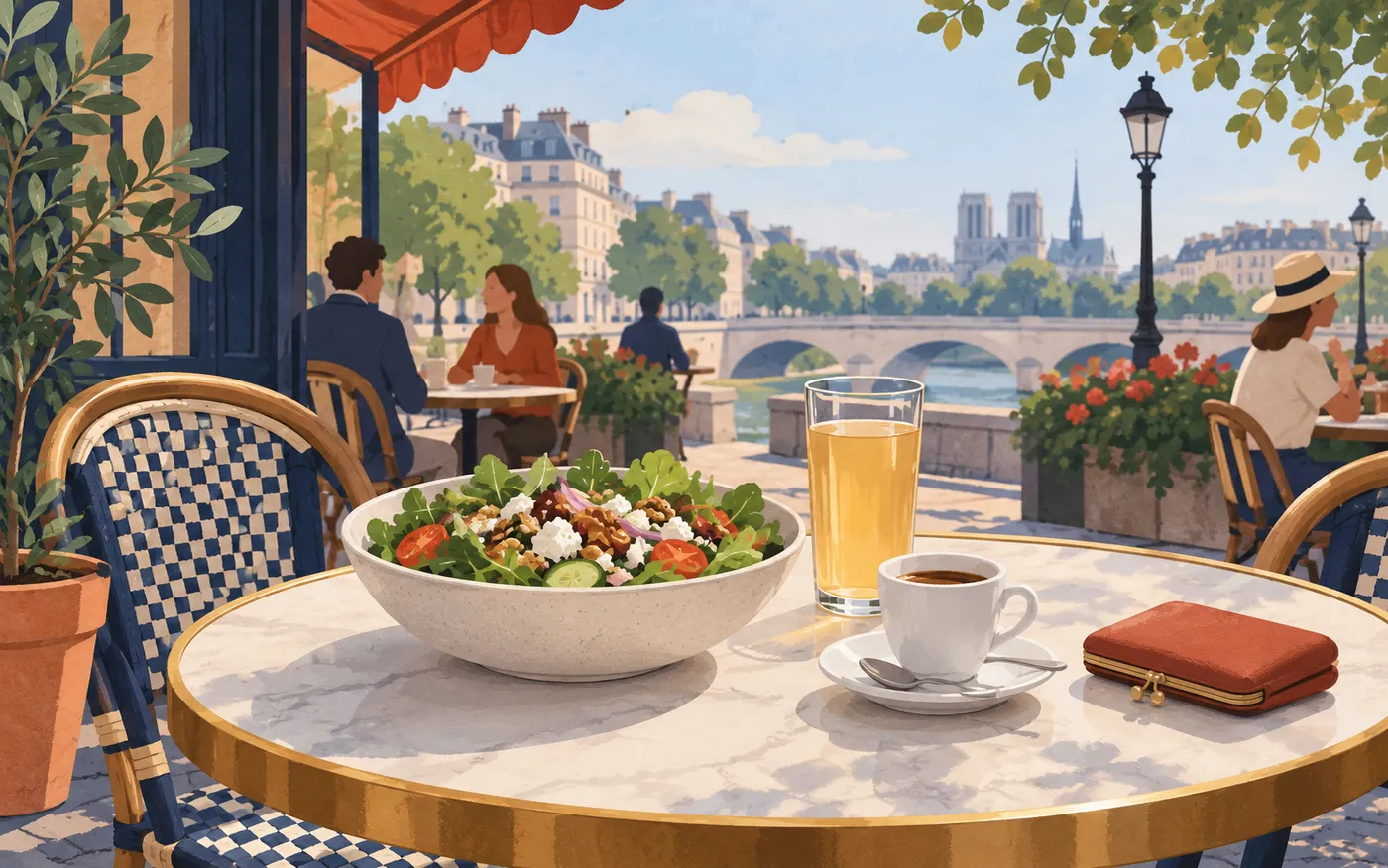 A salad, apple juice, coffee and purse on a café table.