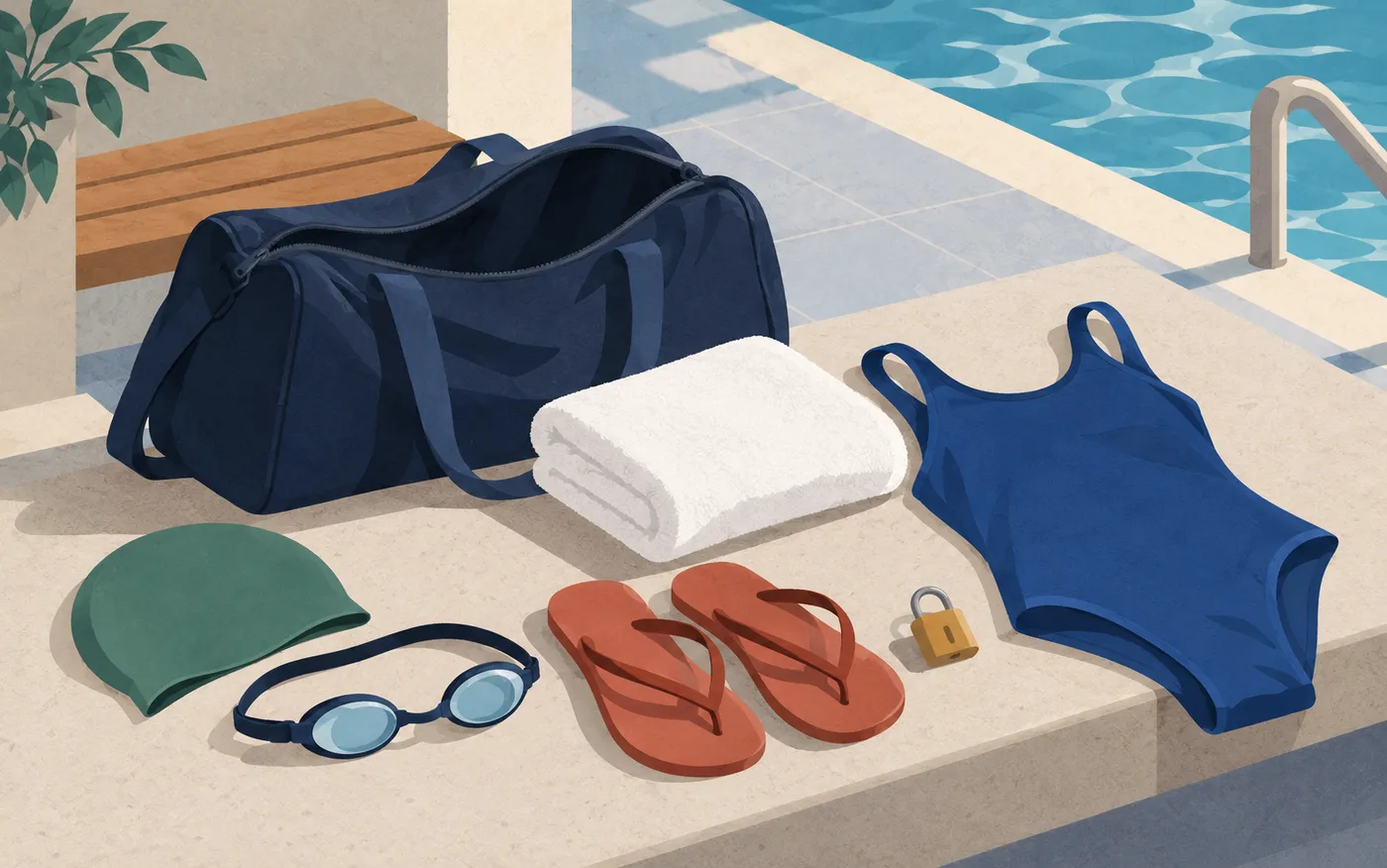 A swimming bag with a towel, swimsuit, cap and goggles.