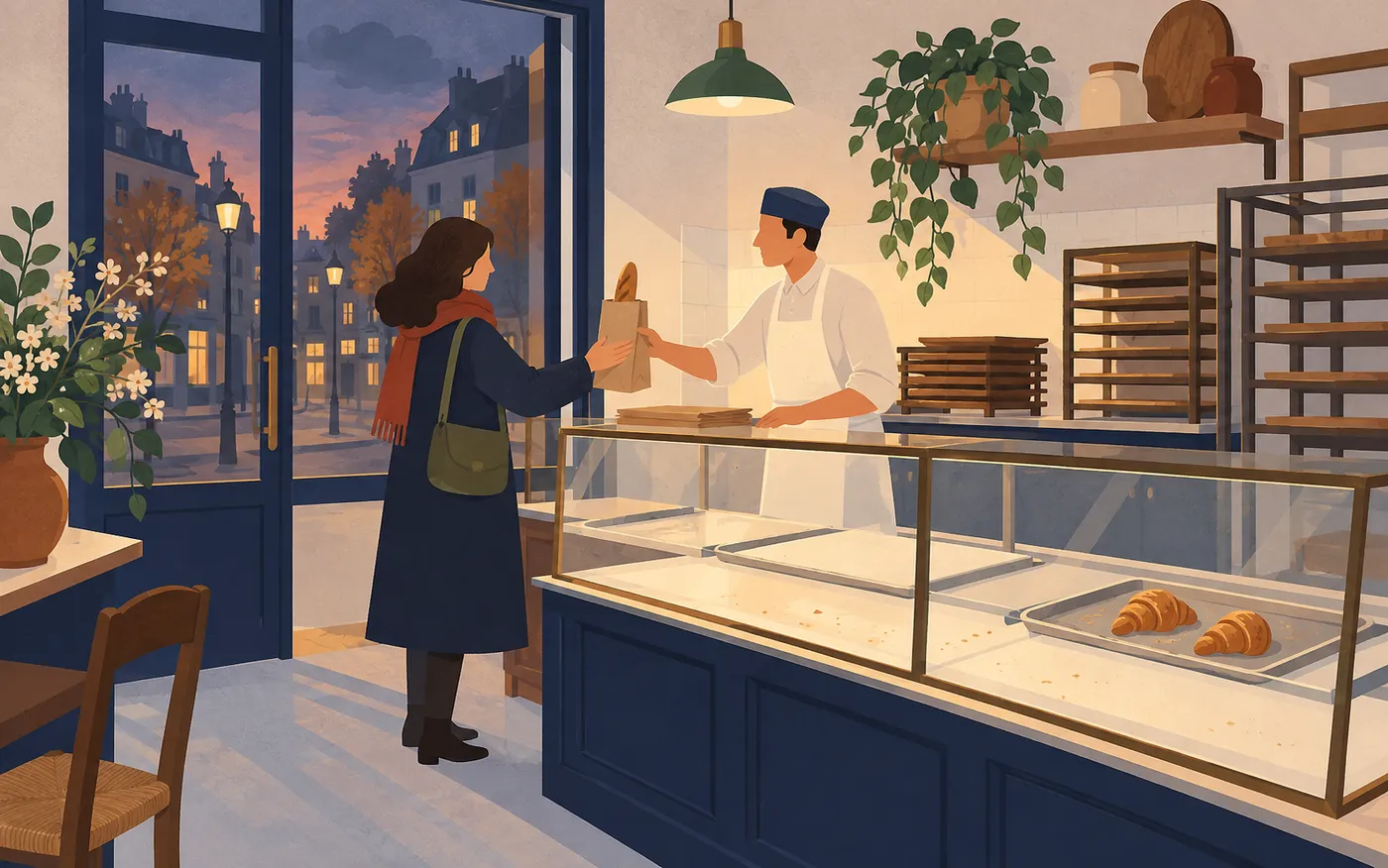 A baker hands the last baguette to a customer beside nearly empty trays.
