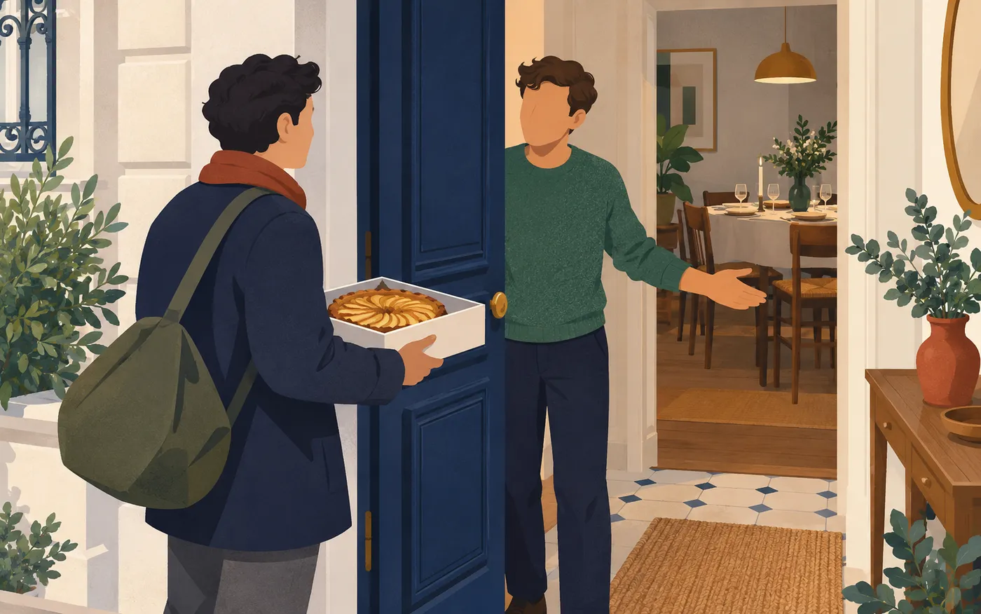 A dinner guest arriving with an apple tart.