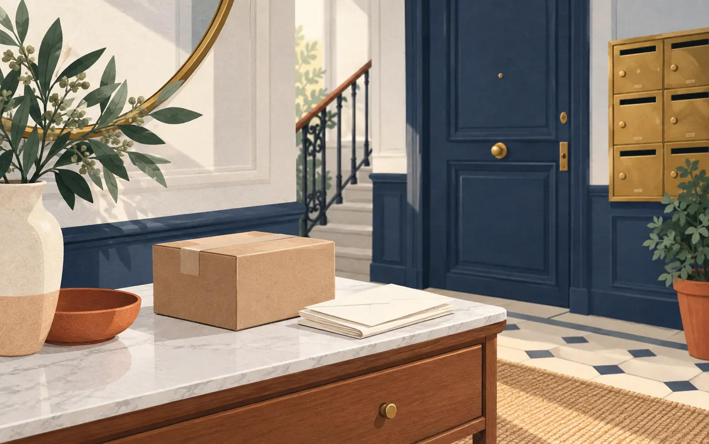 An unmarked parcel and blank envelopes in a French apartment hallway.