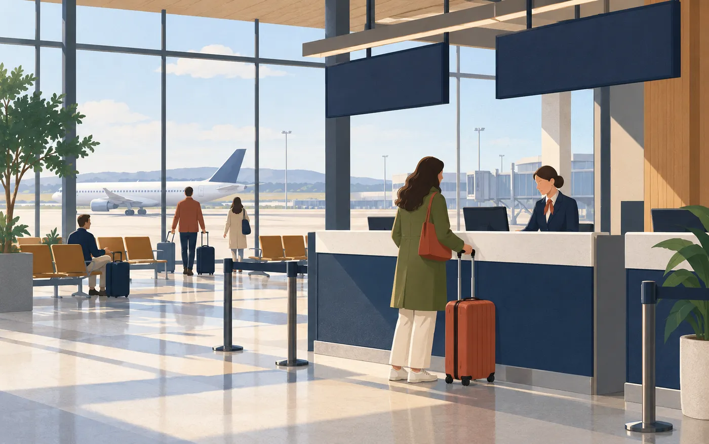 A traveller checks in with a suitcase at an airport counter.