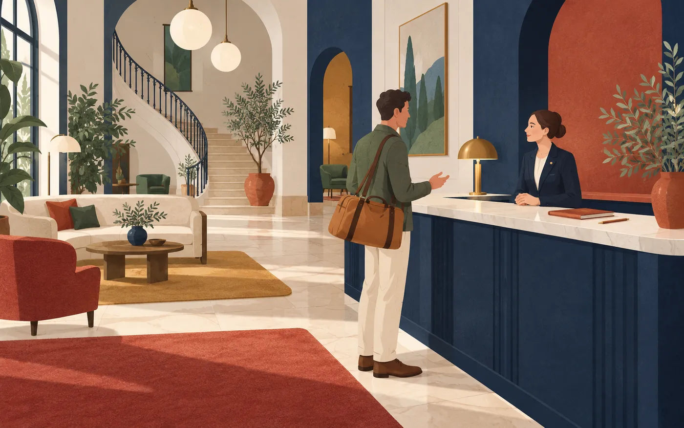 A hotel guest giving their name to a receptionist.