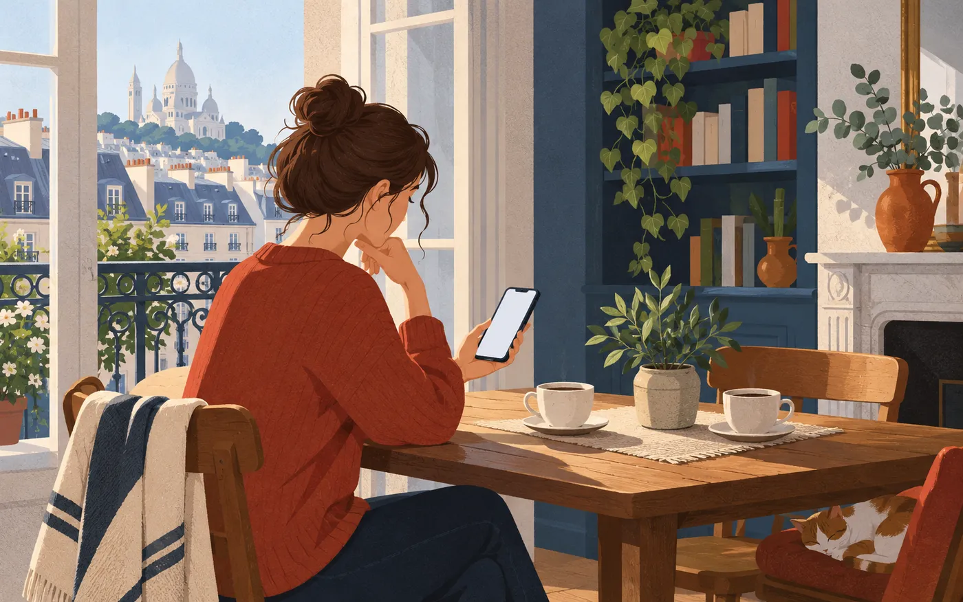 A woman considers a reply on her phone at a kitchen table.