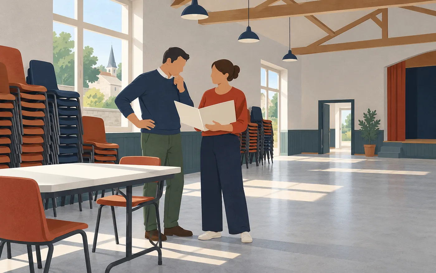 Two people discussing the use of a small community hall.