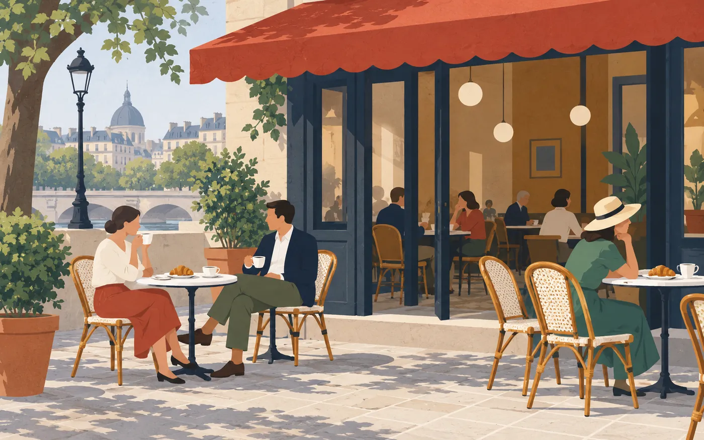 Coffee and croissants on a sunny café terrace.