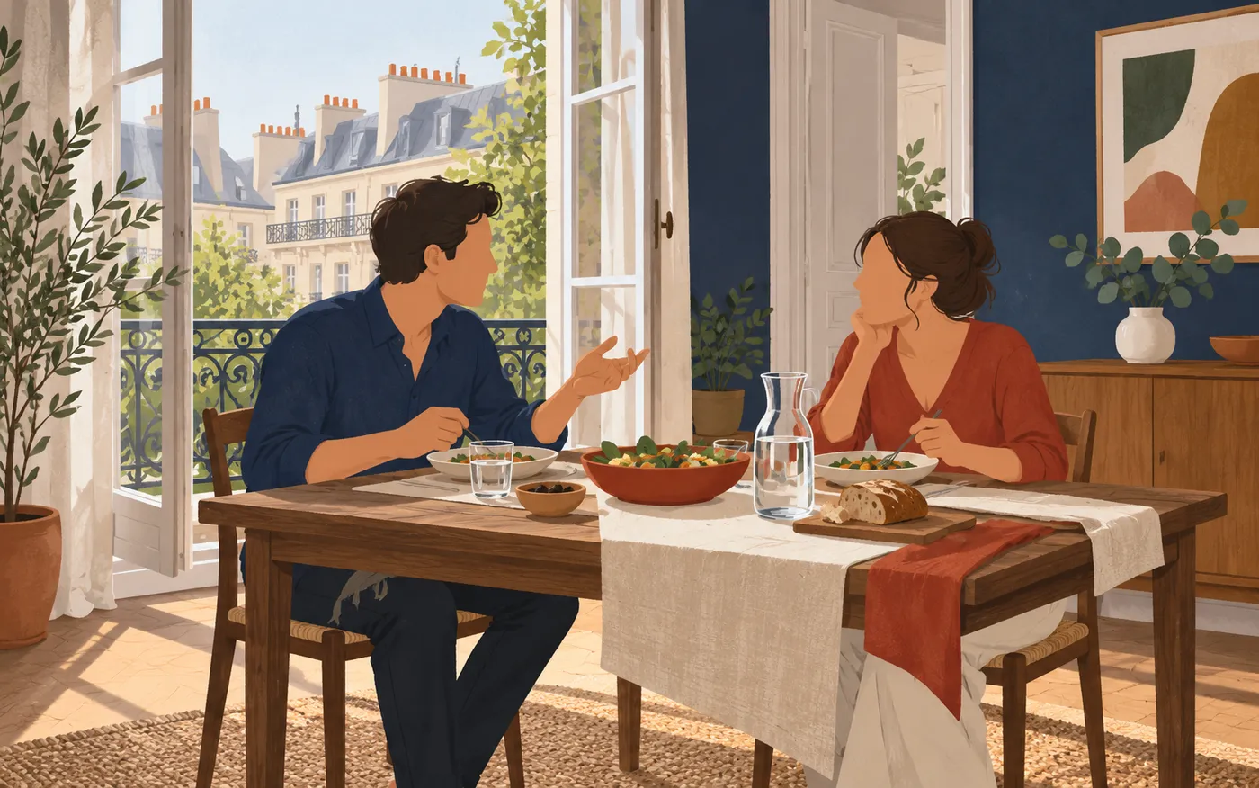 A brother and sister talking calmly over a Sunday meal.