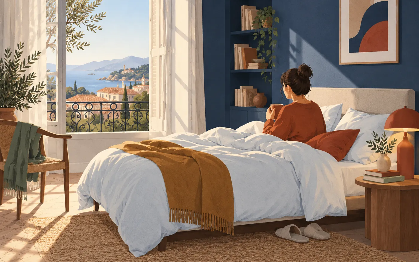 A quiet bedside corner with a pale duvet, pillow, small table, lamp and slippers beneath the bed.
