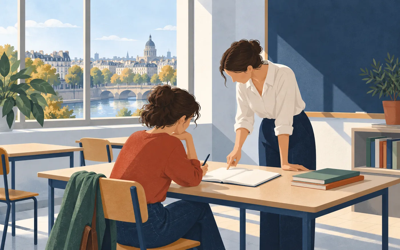 A learner and teacher discuss a completely blank open notebook at a classroom desk.