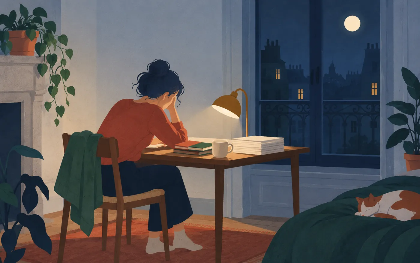 A tired student studies by a lamp late at night.