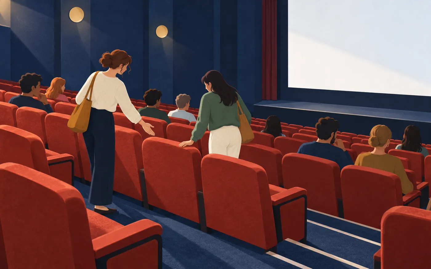 A cinema visitor politely gestures toward a seat while another spectator shifts one seat along a row of soft red chairs.