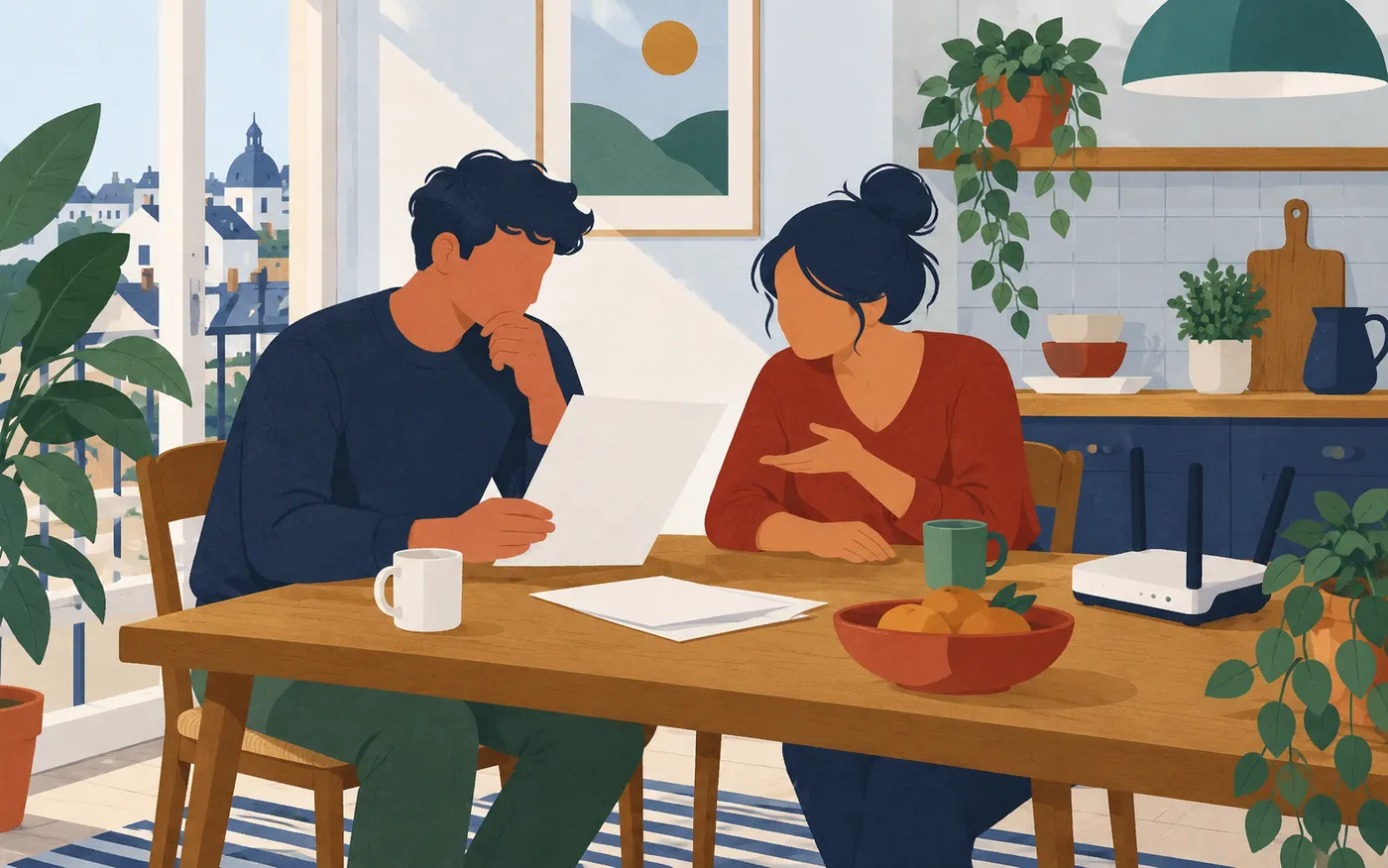 Two flatmates discussing a completely blank household bill at a kitchen table beside a router.