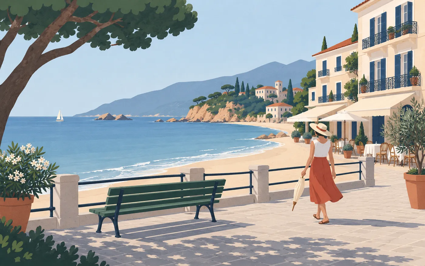 A seaside promenade beside a beach and small hotel.